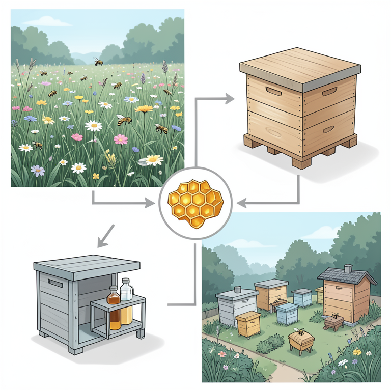 AI-generated conceptual illustration (honey bees and apiary equipment). It explains the idea and does not show study data.