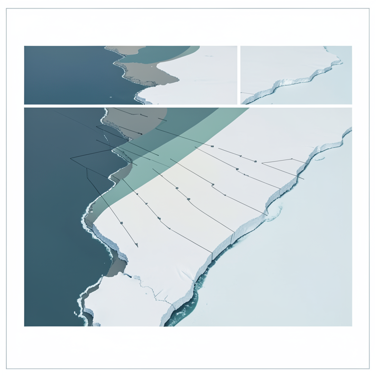 AI-generated conceptual illustration (Antarctic ice shelf coastline). It explains the idea and does not show study data.