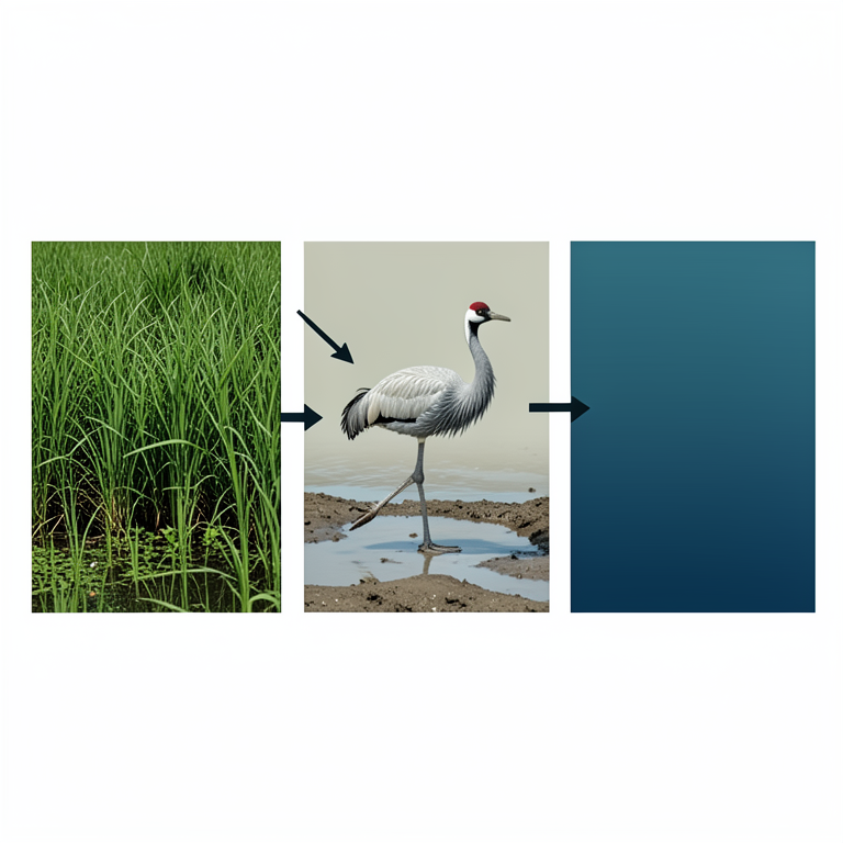 AI-generated conceptual illustration (Sarus crane (Grus antigone) in a wetland habitat). It explains the idea and does not show study data.