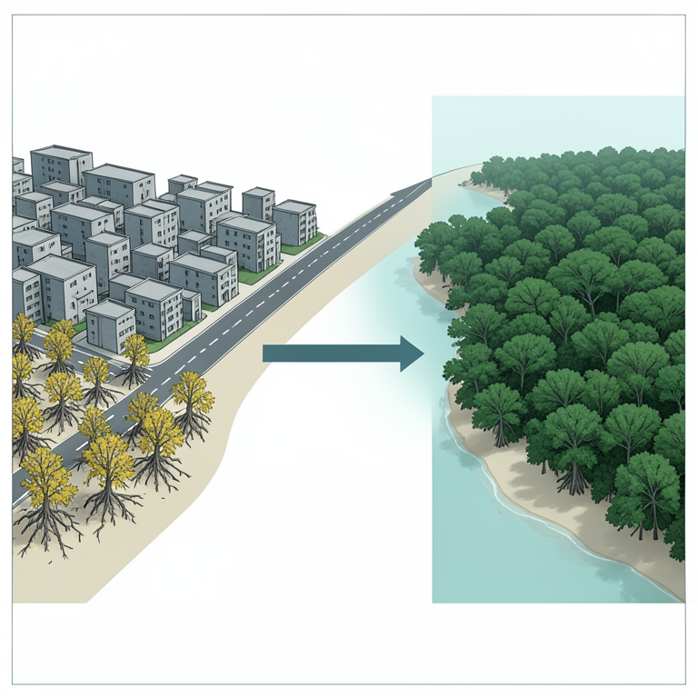 AI-generated conceptual illustration (Rhizophora mucronata mangrove trees along a coastal shoreline). It explains the idea and does not show study data.
