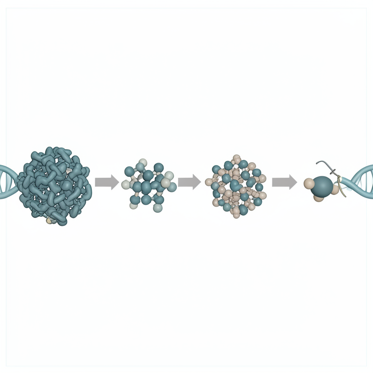 AI-generated conceptual illustration (DNA double helix and molecular protein complexes). It explains the idea and does not show study data.