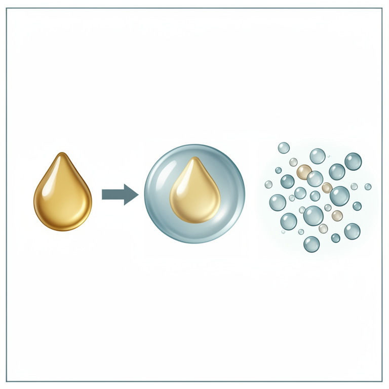 AI-generated conceptual illustration (essential oil droplets and polymeric nanoparticles). It explains the idea and does not show study data.