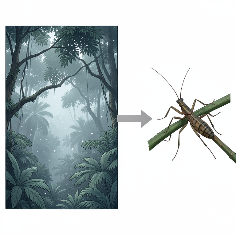 AI-generated conceptual illustration (Heteropteryx dilatata stick insects in a tropical rainforest). It explains the idea and does not show study data.