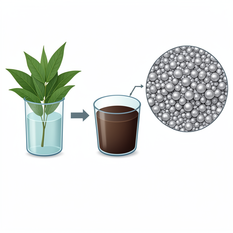 AI-generated conceptual illustration (Neem leaves (Azadirachta indica) and silver nitrate solution in laboratory glassware). It explains the idea and does not show study data.