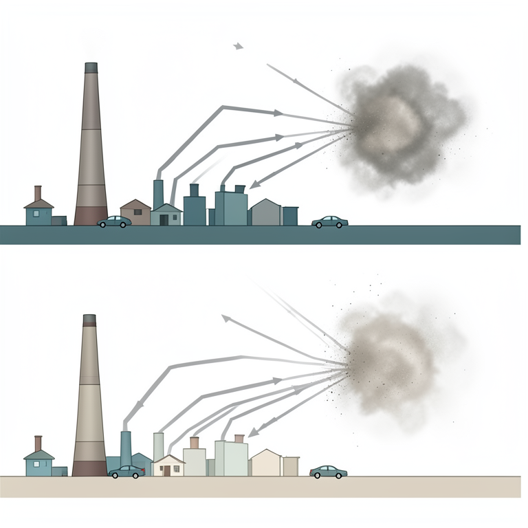 AI-generated conceptual illustration (Industrial city skyline with a smelter stack, residential coal stoves, and cars). It explains the idea and does not show study data.
