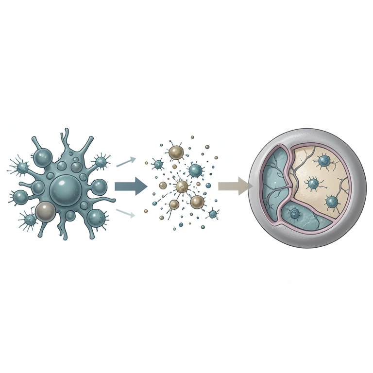 AI-generated conceptual illustration (a generic mammalian host cell and a mixture of bacteria and viruses). It explains the idea and does not show study data.