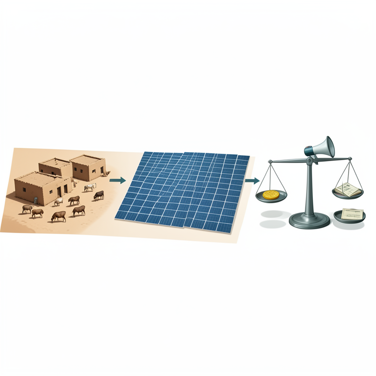 AI-generated conceptual illustration (The Thar Desert landscape in Rajasthan, featuring solar panels and traditional rural dwellings). It explains the idea and does not show study data.