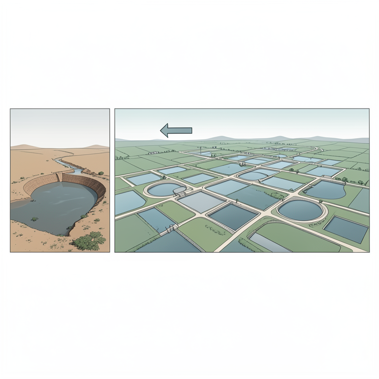 AI-generated conceptual illustration (small-scale irrigation dams and canals in a rural Maharashtra landscape). It explains the idea and does not show study data.