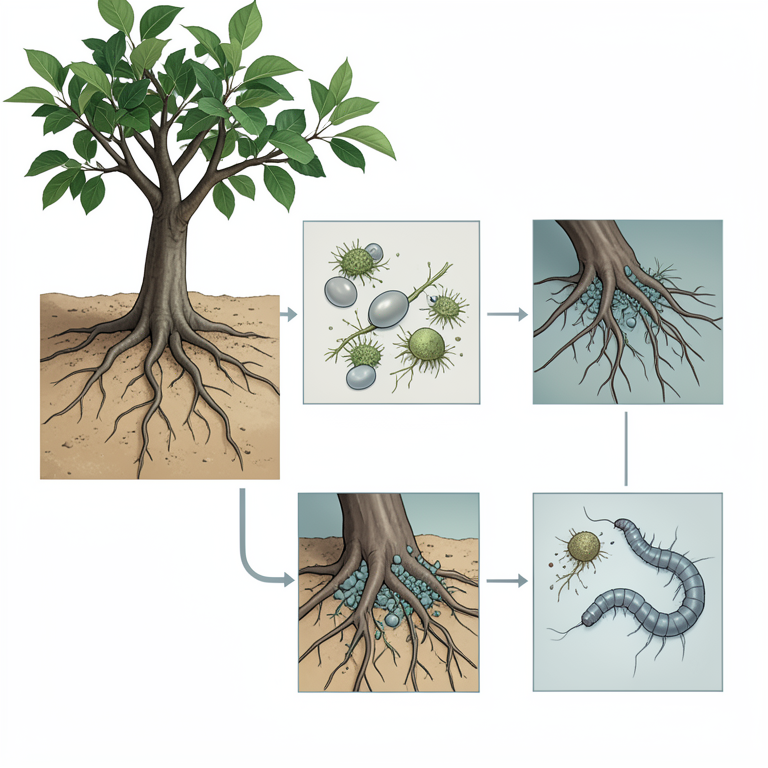 AI-generated conceptual illustration (Apple tree roots and plant-parasitic nematodes in sandy soil). It explains the idea and does not show study data.