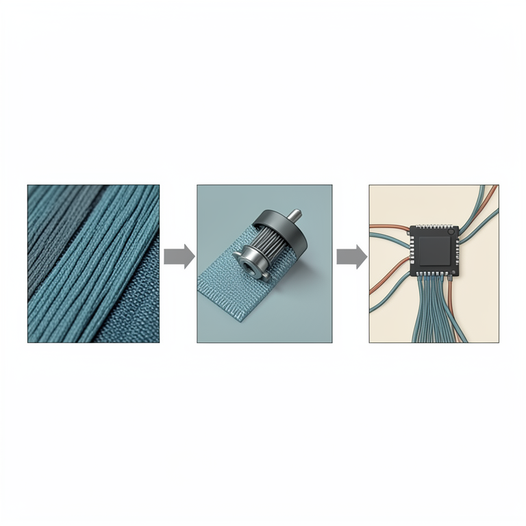 AI-generated conceptual illustration (Conductive textile fabrics and integrated electronic components). It explains the idea and does not show study data.