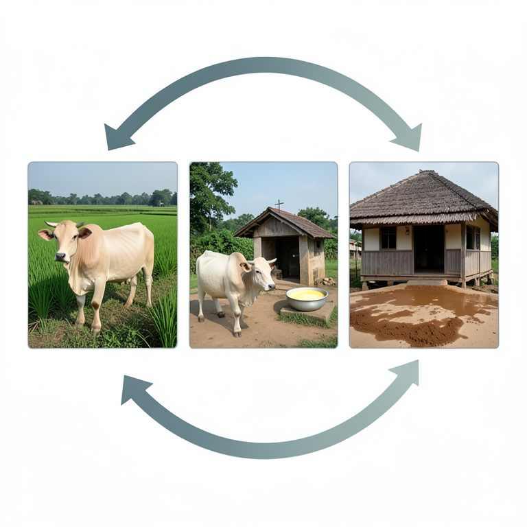 AI-generated conceptual illustration (Wayanad dwarf cattle and traditional Kuruma village elements). It explains the idea and does not show study data.