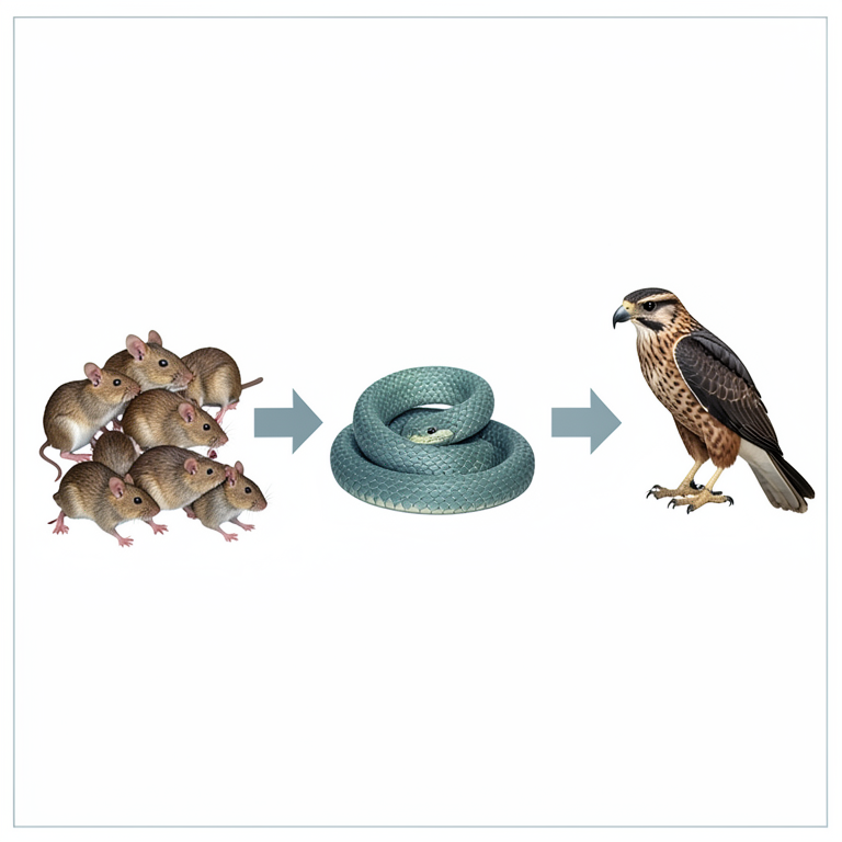 AI-generated conceptual illustration (a three-level food chain consisting of a hawk, a snake, and a group of mice). It explains the idea and does not show study data.