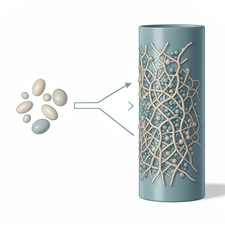 AI-generated conceptual illustration (Candida albicans yeast cells on a medical catheter surface). It explains the idea and does not show study data.