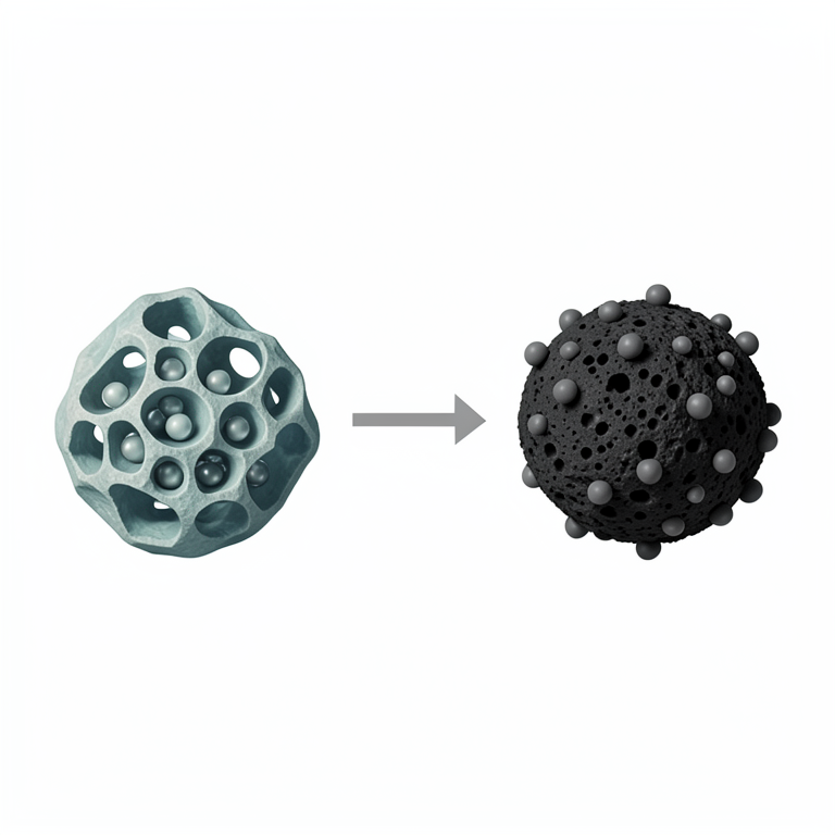 AI-generated conceptual illustration (natural zeolite crystals and activated carbon granules). It explains the idea and does not show study data.