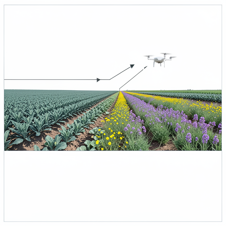 AI-generated conceptual illustration (a modern agricultural field with flowering cover crops and a monitoring drone). It explains the idea and does not show study data.