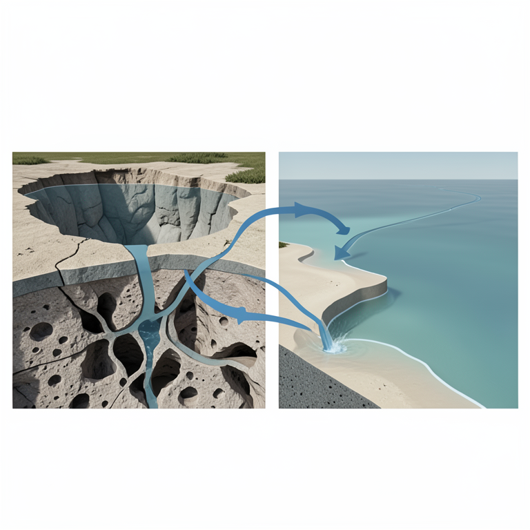 AI-generated conceptual illustration (A coastal limestone karst landscape with a shallow lagoon). It explains the idea and does not show study data.