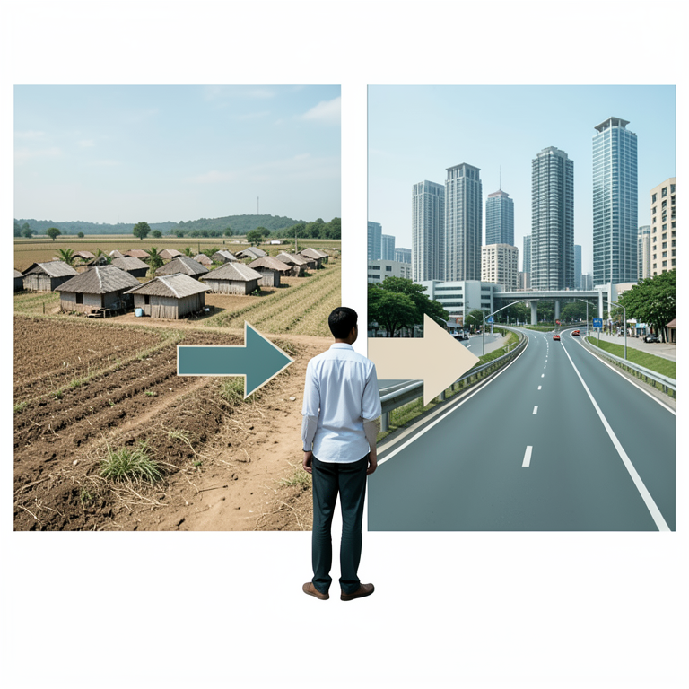 AI-generated conceptual illustration (Rural village and urban city in Tamil Nadu, India). It explains the idea and does not show study data.