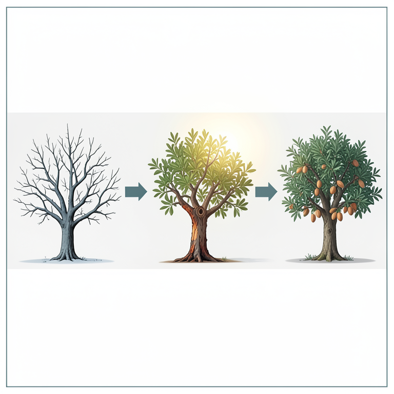 AI-generated conceptual illustration (almond trees in a steppe landscape). It explains the idea and does not show study data.
