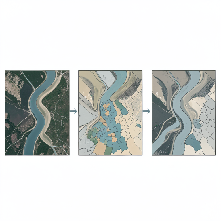 AI-generated conceptual illustration (Subarnarekha river estuary zone with mudbanks and satellite imagery). It explains the idea and does not show study data.