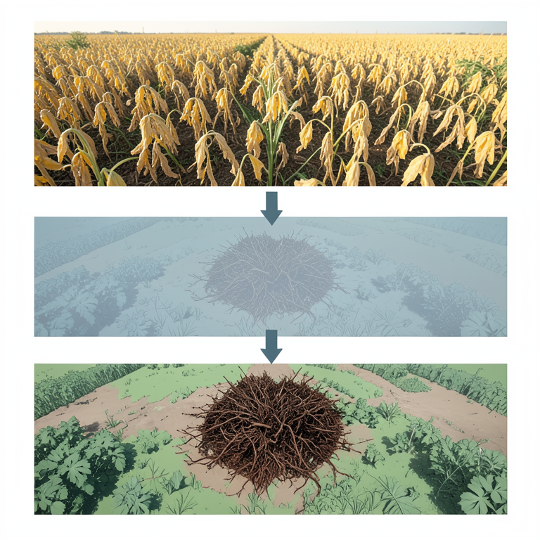AI-generated conceptual illustration (Agricultural landscape under drought stress). It explains the idea and does not show study data.
