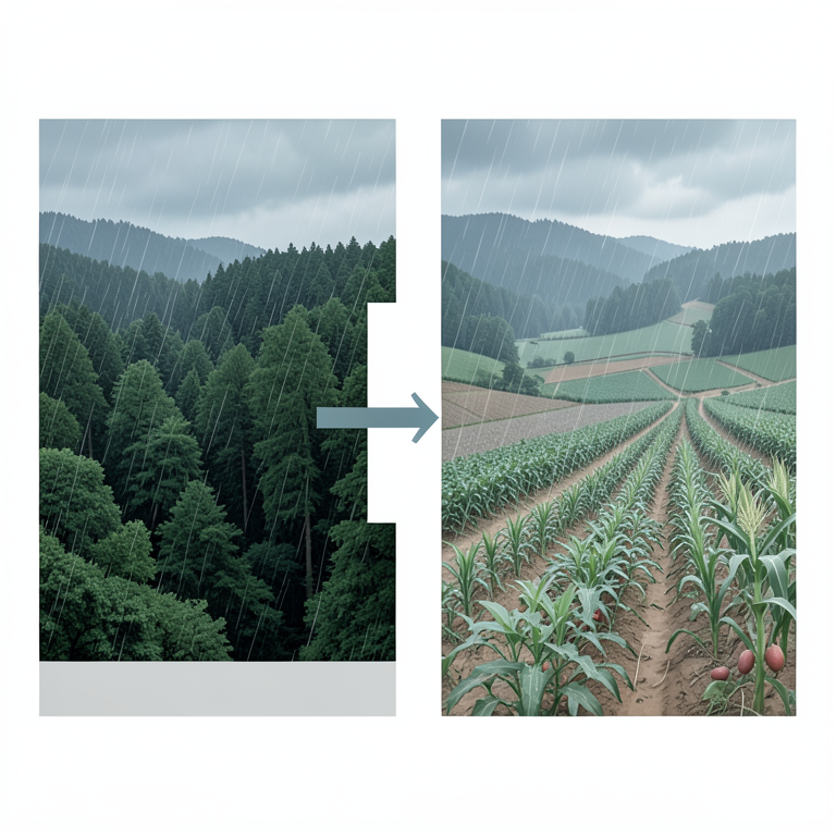 AI-generated conceptual illustration (Hilly forest landscape in Dima Hasao, Assam, featuring mixed tropical vegetation and agricultural plots of maize and pot). It explains the idea and does not show study data.