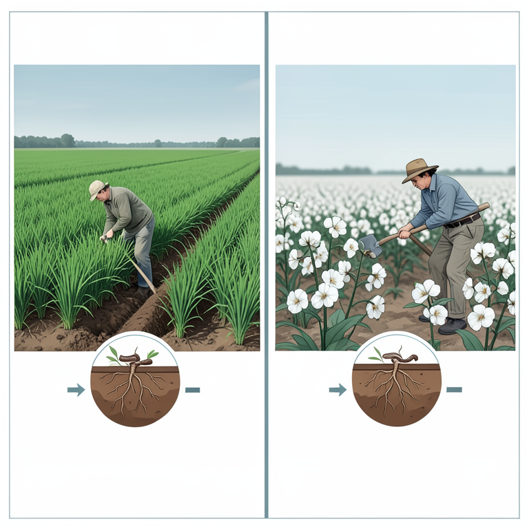 AI-generated conceptual illustration (Indian farmers in rice and cotton fields). It explains the idea and does not show study data.