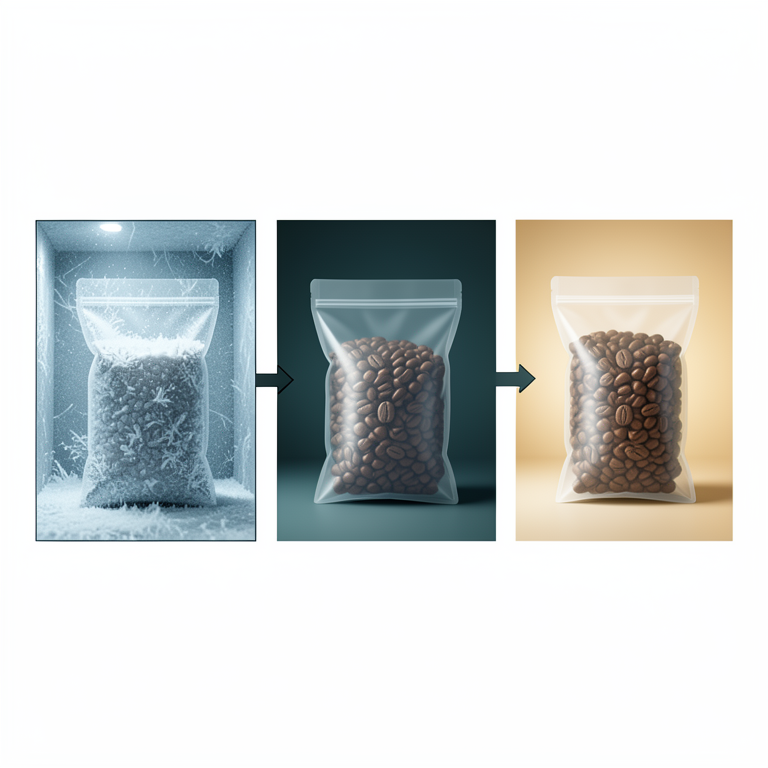 AI-generated conceptual illustration (Coffee beans in GrainPro SuperGrain bags). It explains the idea and does not show study data.
