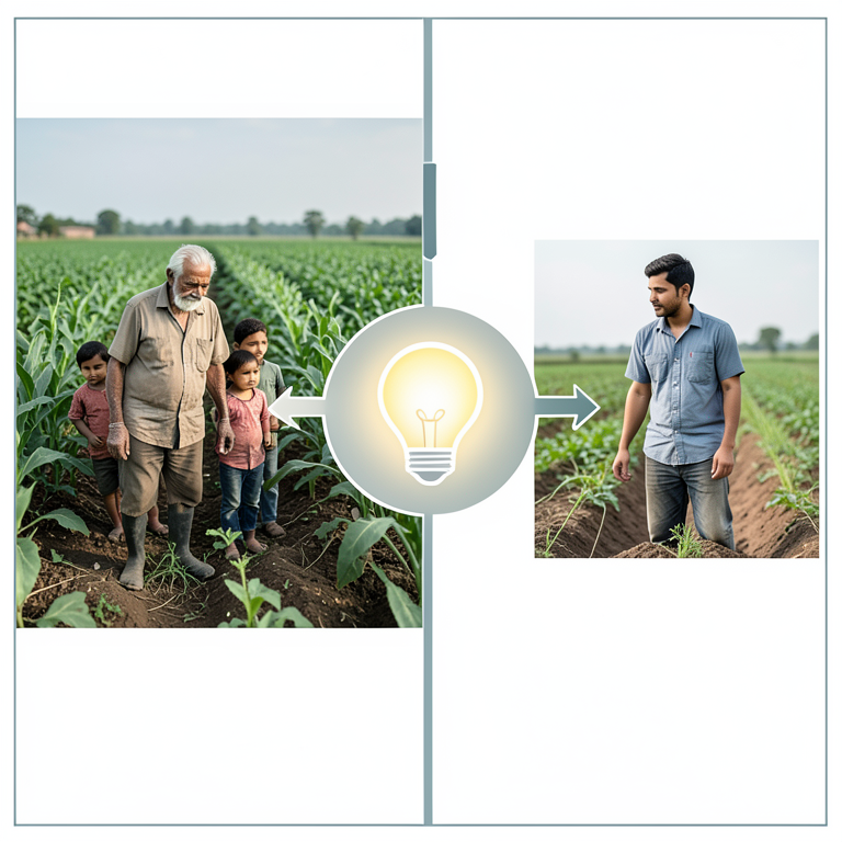 AI-generated conceptual illustration (Indian smallholder farmers in rural agricultural fields). It explains the idea and does not show study data.