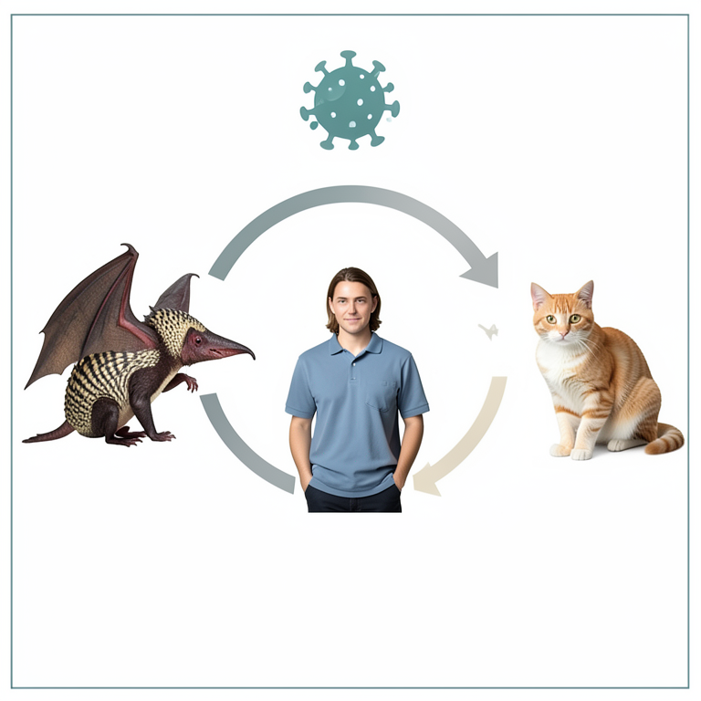 AI-generated conceptual illustration (SARS-CoV-2 virus, horseshoe bats, pangolins, domestic cats, and humans). It explains the idea and does not show study data.