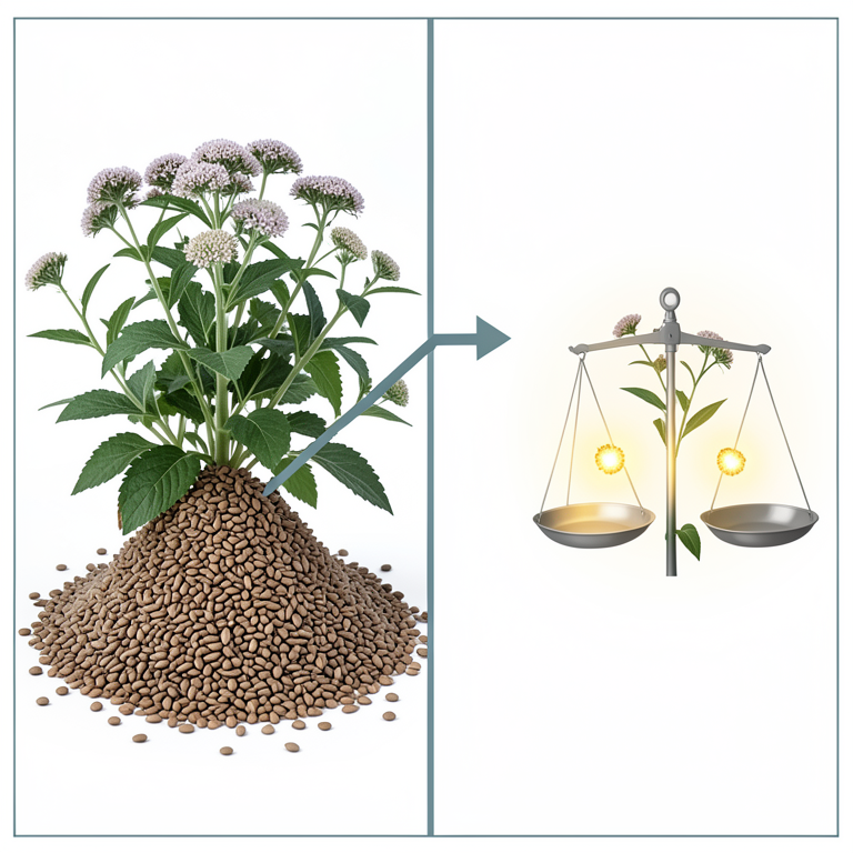 AI-generated conceptual illustration (Dracocephalum moldavica L. (Moldavian dragonhead) plants and seeds). It explains the idea and does not show study data.