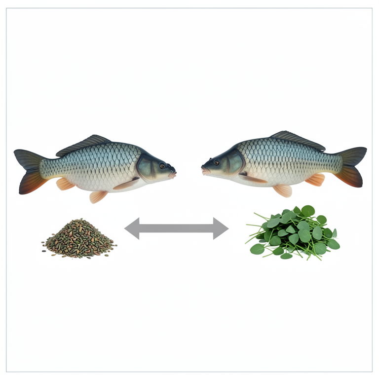 AI-generated conceptual illustration (Common Carp (Cyprinus carpio var. communis) and Nymphoides peltata aquatic plants). It explains the idea and does not show study data.