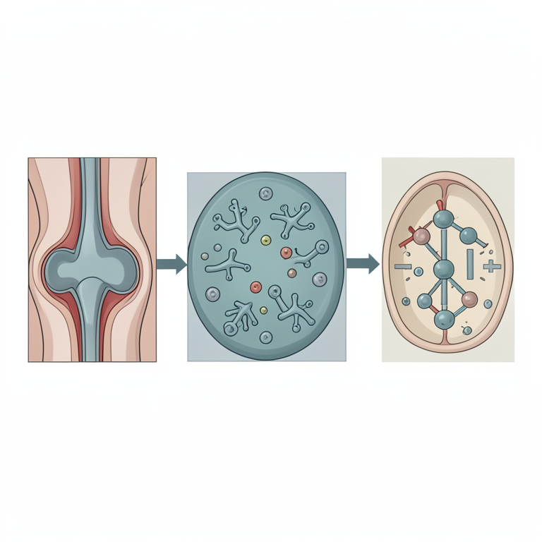 AI-generated conceptual illustration (human synovial joint tissue and cellular signaling proteins). It explains the idea and does not show study data.