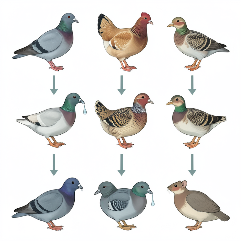 AI-generated conceptual illustration (pigeons, chickens, ducks, quails, and mice). It explains the idea and does not show study data.