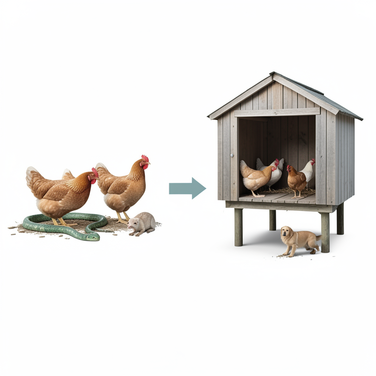 AI-generated conceptual illustration (backyard poultry chickens and an elevated wooden coop). It explains the idea and does not show study data.