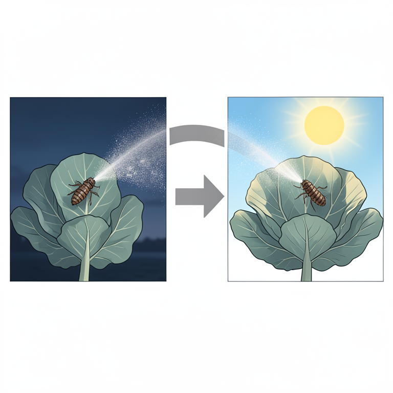 AI-generated conceptual illustration (Diamondback moth larvae on cabbage leaves). It explains the idea and does not show study data.