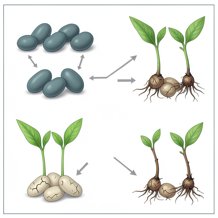 AI-generated conceptual illustration (faba bean seeds and seedlings). It explains the idea and does not show study data.
