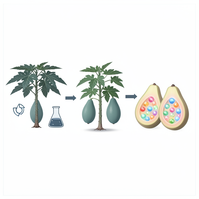 AI-generated conceptual illustration (papaya plants and fruits). It explains the idea and does not show study data.