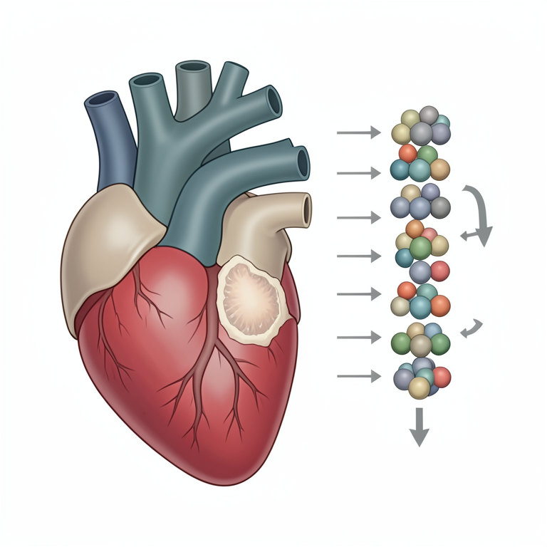 AI-generated conceptual illustration (human heart tissue). It explains the idea and does not show study data.