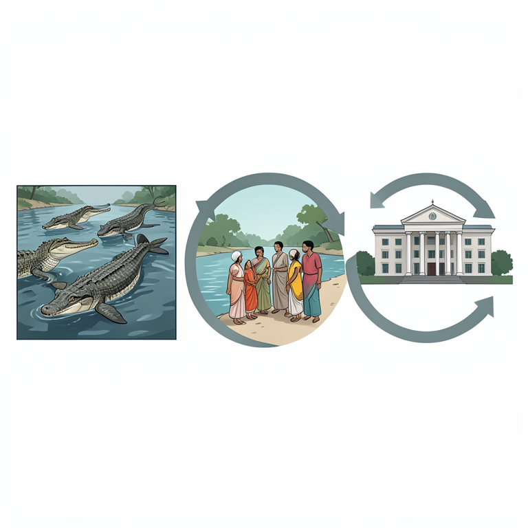 AI-generated conceptual illustration (Gharials, Gangetic dolphins, and local villagers in the National Chambal Sanctuary). It explains the idea and does not show study data.