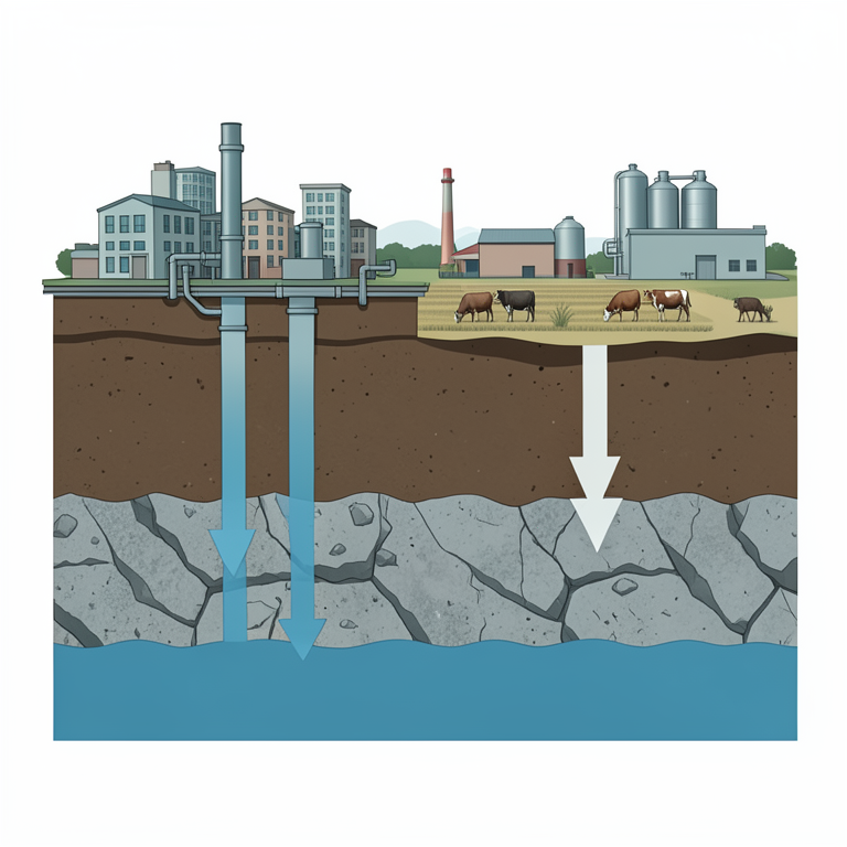 AI-generated conceptual illustration (A cross-section of soil and a groundwater aquifer beneath a mixed landscape of urban, industrial, and agricultural land.). It explains the idea and does not show study data.
