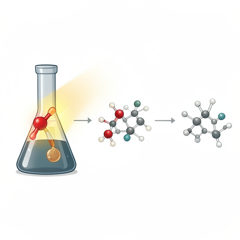 AI-generated conceptual illustration (Eosin Y molecules and benzothiazole chemical precursors in a reaction flask). It explains the idea and does not show study data.