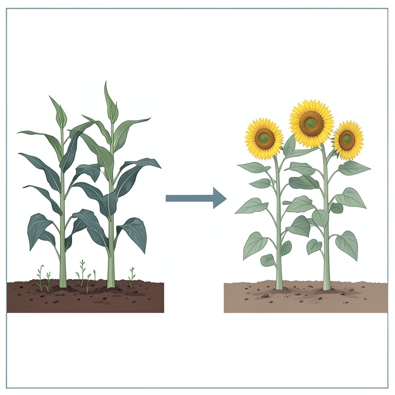 AI-generated conceptual illustration (Maize and sunflower plants in agricultural soil). It explains the idea and does not show study data.