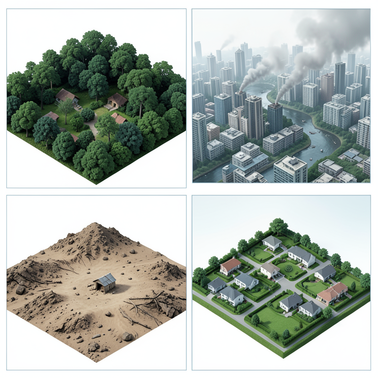 AI-generated conceptual illustration (human settlements and natural landscapes). It explains the idea and does not show study data.