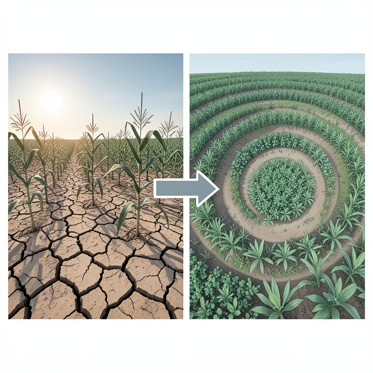 AI-generated conceptual illustration (Sub-Saharan African farmland with maize and legumes). It explains the idea and does not show study data.