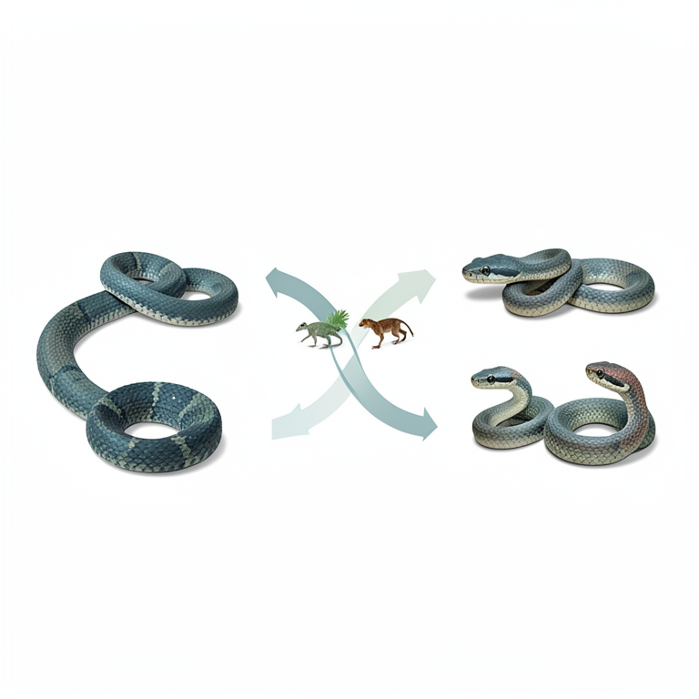 AI-generated conceptual illustration (Two unrelated species of tropical island snakes). It explains the idea and does not show study data.
