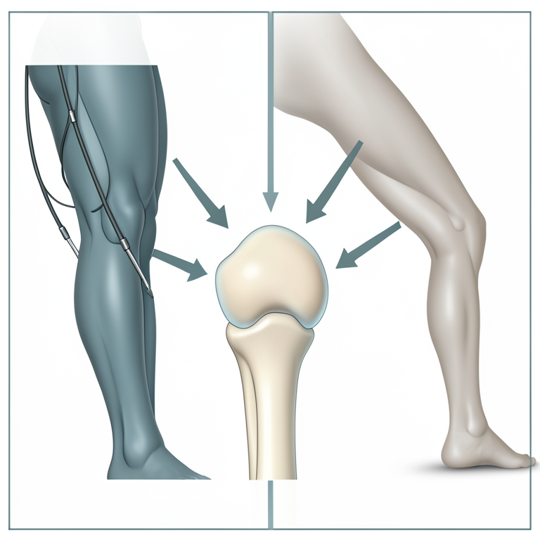 AI-generated conceptual illustration (human knee joint and quadriceps muscle). It explains the idea and does not show study data.