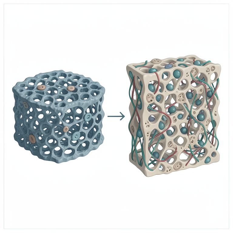 AI-generated conceptual illustration (human mesenchymal stem cells on PCL and collagen polymer scaffolds). It explains the idea and does not show study data.