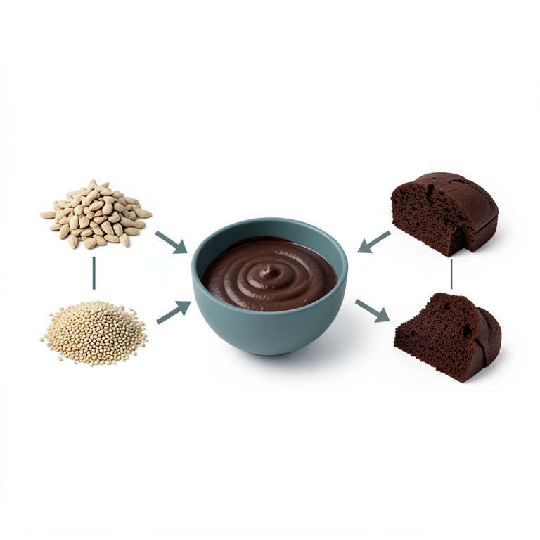 AI-generated conceptual illustration (jackfruit seeds, white finger millet grains, whole wheat grains, and a chocolate cake). It explains the idea and does not show study data.