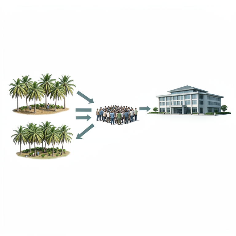 AI-generated conceptual illustration (Coconut farmers and coconut palm trees). It explains the idea and does not show study data.