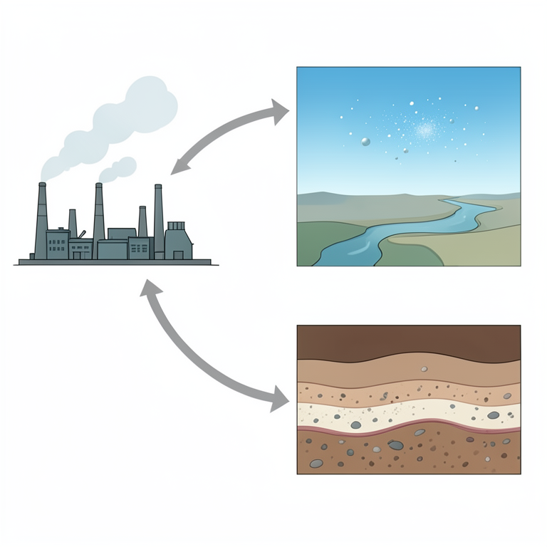 AI-generated conceptual illustration (Industrial landscape with air, water, and soil components). It explains the idea and does not show study data.